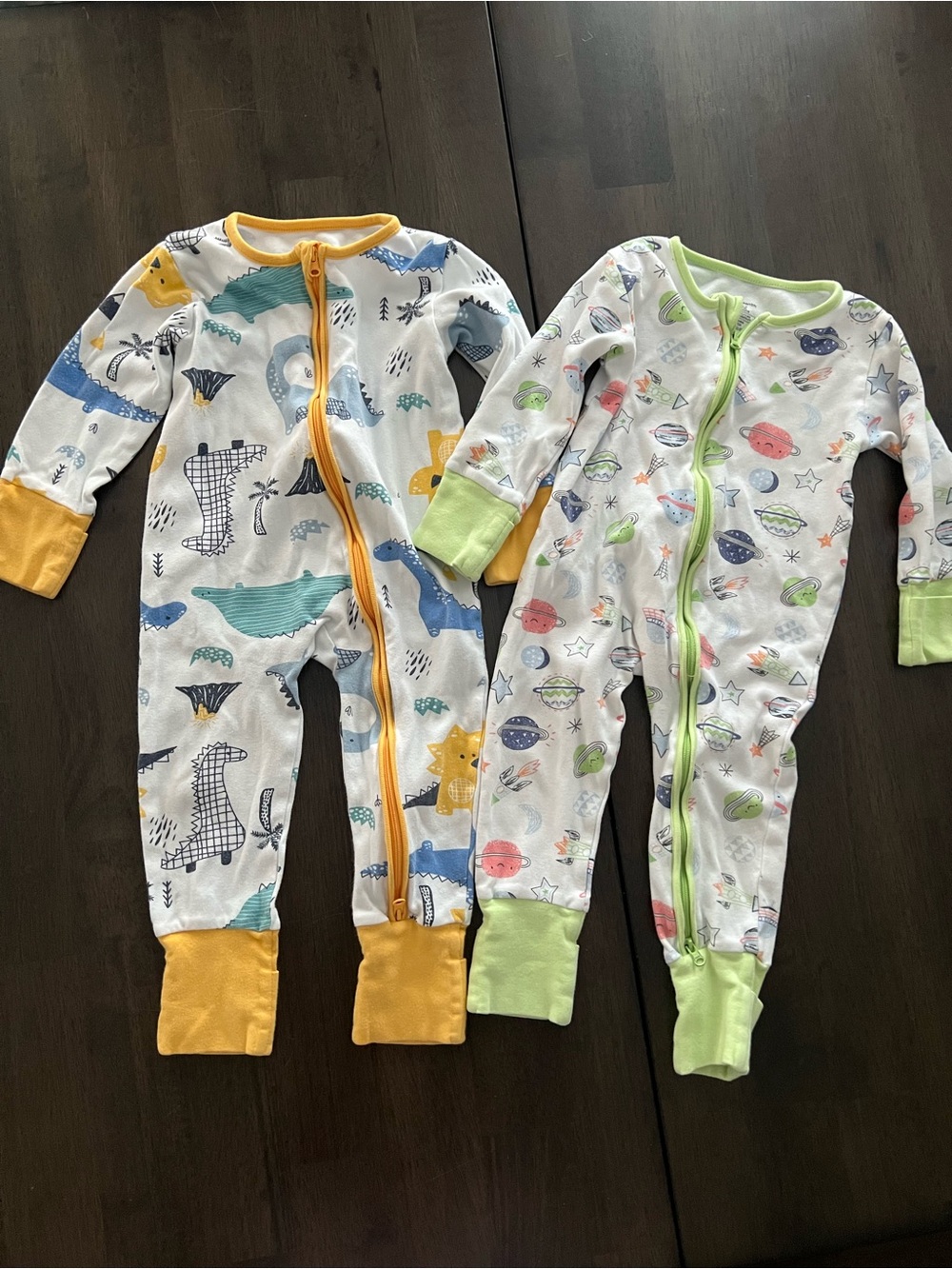 Kids Double Zip Front One-Piece Footie Pajama - Yellow Trim & Green Trim
